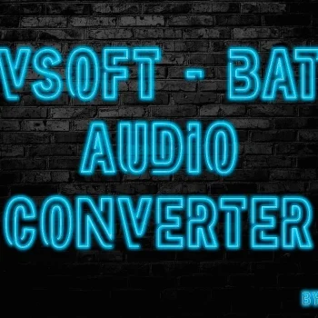 Neon Blue Text On A Dark Brick Wall Reads &Quot;Vovsoft - Batch Audio Converter For Windows Pc&Quot; With &Quot;By Kraken.net&Quot; In Smaller Text At The Bottom Right.