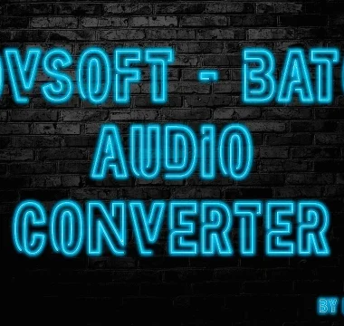 Neon Blue Text On A Dark Brick Wall Reads &Quot;Vovsoft - Batch Audio Converter For Windows Pc&Quot; With &Quot;By Kraken.net&Quot; In Smaller Text At The Bottom Right.