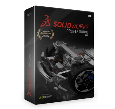 Solidworks Premium 2025 Software Box. The Cover Showcases A 3D Model Of Mechanical Parts, Including A Wheel And Chassis. Text Highlights &Quot;Trusted By 6 Million Engineers Worldwide.&Quot; Distributed By Openengineer.