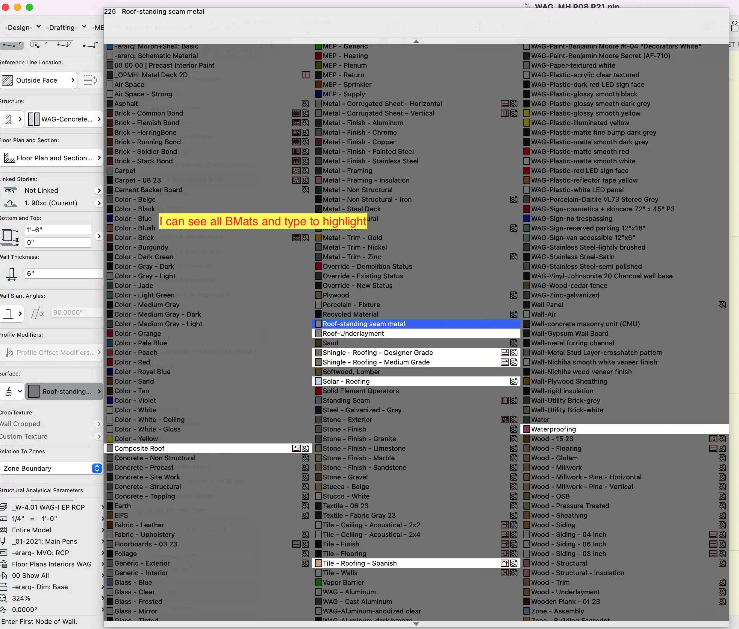 Screenshot Of A Software Interface With A List Of Material Names And Properties. A Search Bar At The Top And Navigation Menu On The Left Are Visible. Highlighted Text Reads &Quot;I Can See All Bxmats And Type To Highlight&Quot; In Graphisoft Archicad 27 On Mac.