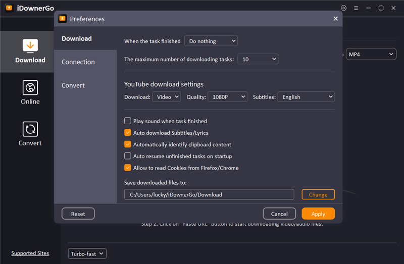 Idownergo Software 9.4.0 Best Video Downloader And Music Converter Software Idownergo Software Setting Tab